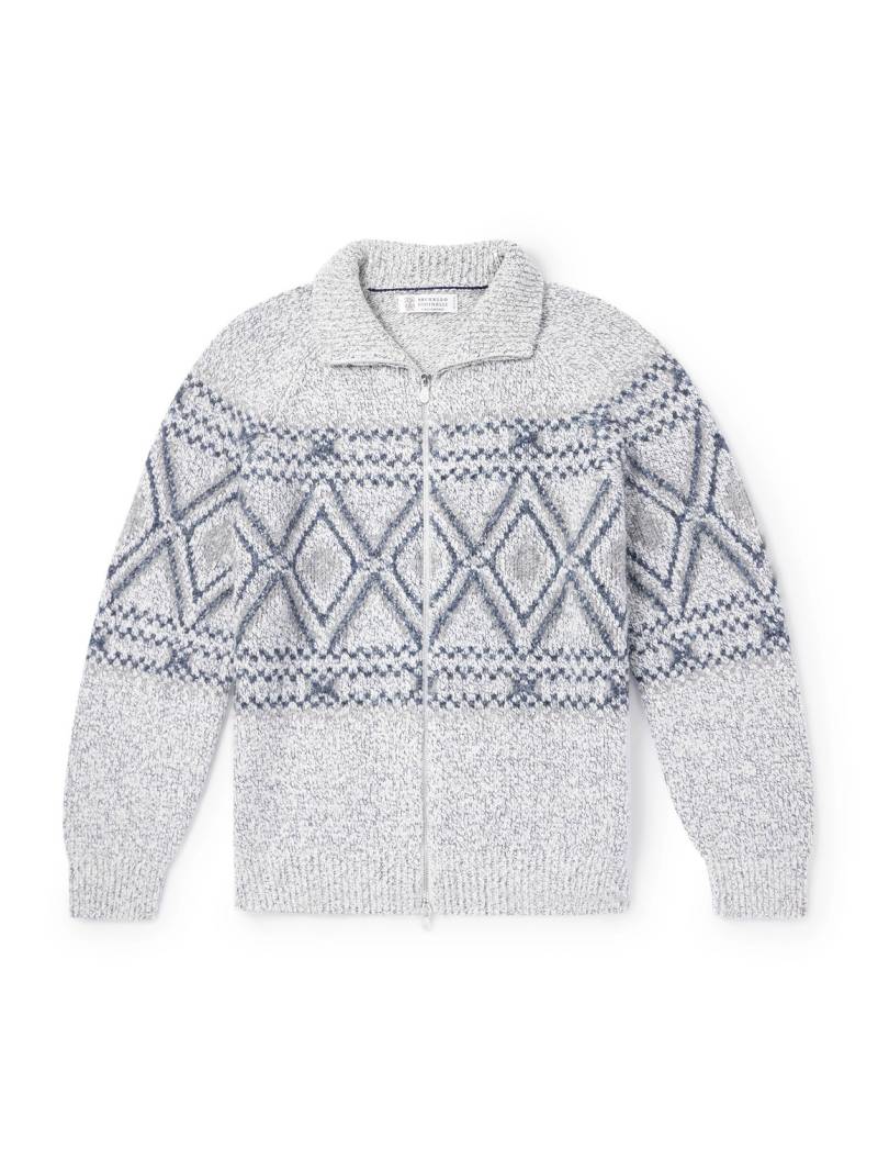 Brunello Cucinelli - Fair Isle Wool, Silk and Cashmere-Blend Zip-Up Cardigan - Men - Gray - IT 52 von Brunello Cucinelli