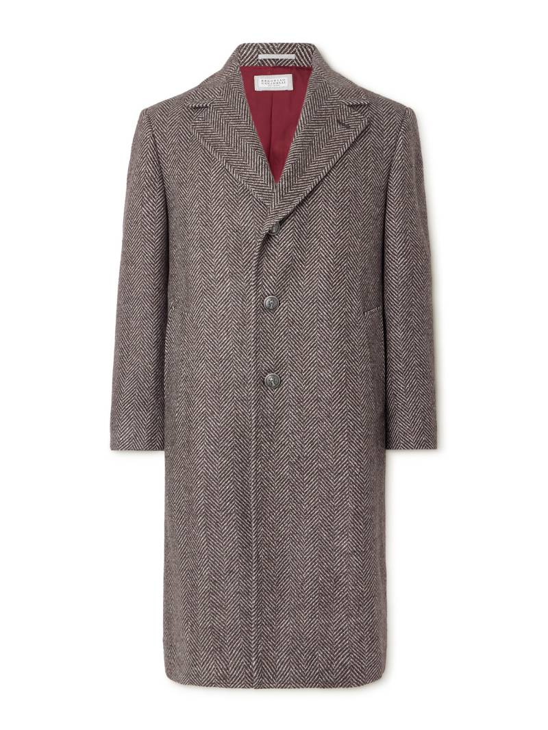 Brunello Cucinelli - Herringbone Cashmere and Silk-Blend Coat - Men - Brown - IT 46 von Brunello Cucinelli