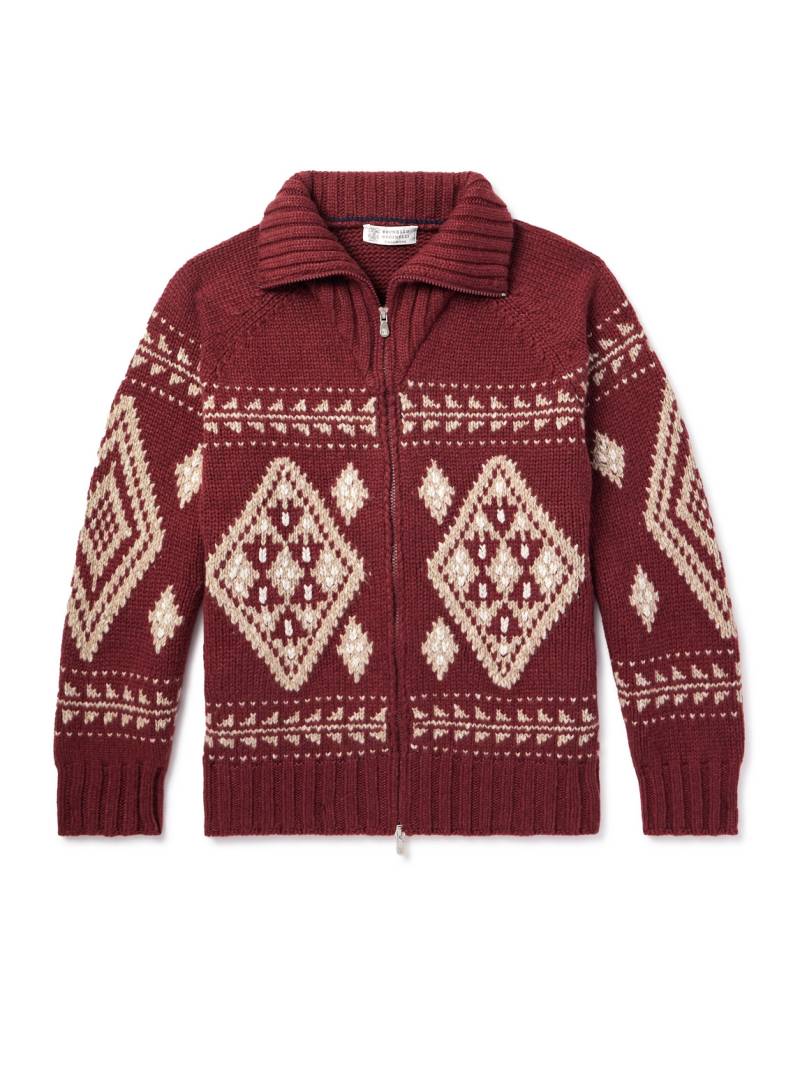 Brunello Cucinelli - Jacquard-Knit Cashmere Zip-Up Cardigan - Men - Burgundy - IT 54 von Brunello Cucinelli