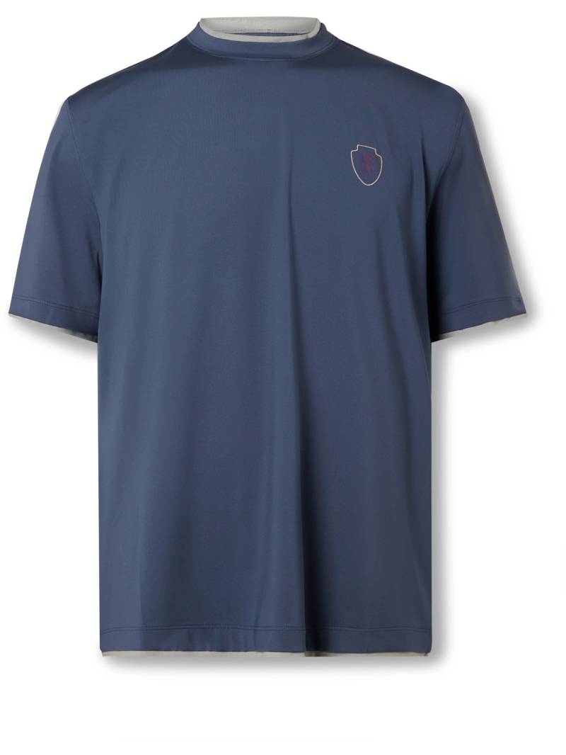 Brunello Cucinelli - Layered Logo-Print Tech-Jersey Tennis T-Shirt - Men - Blue - S von Brunello Cucinelli