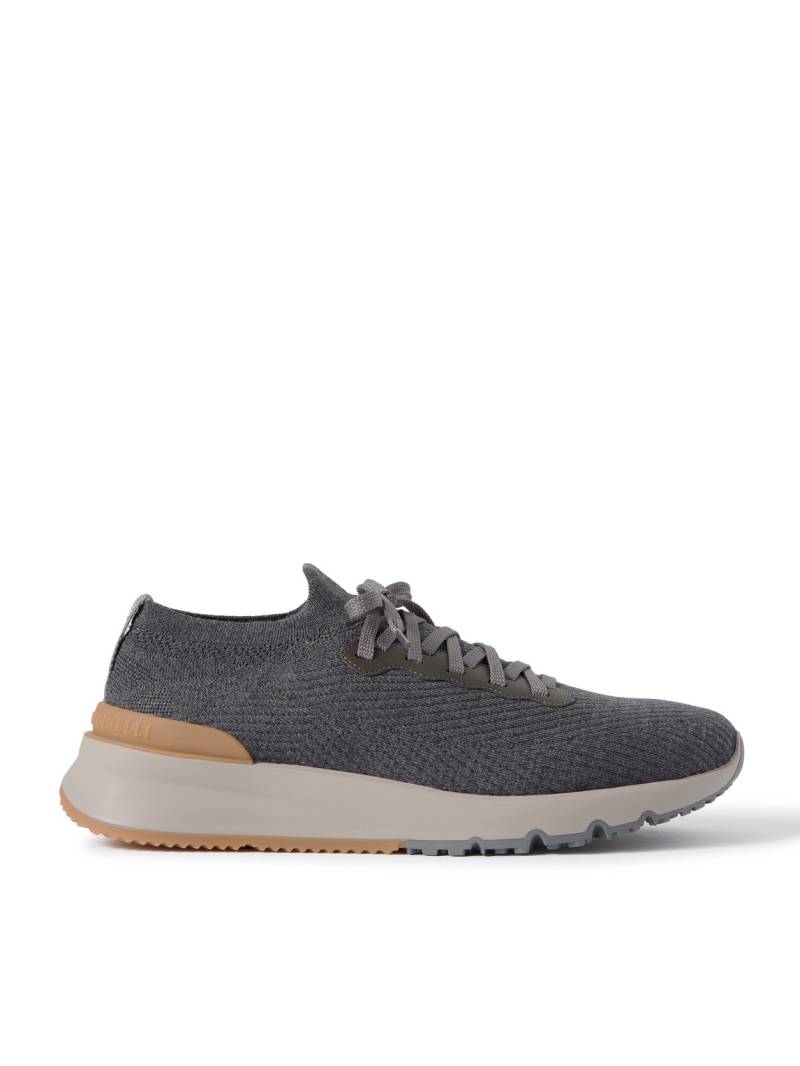 Brunello Cucinelli - Leather-Trimmed Stretch-Knit Sneakers - Men - Gray - EU 40 von Brunello Cucinelli