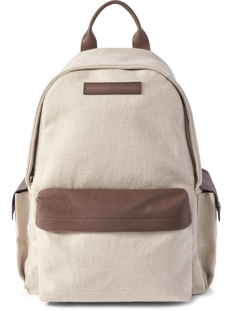 Brunello Cucinelli - Logo-Appliquéd Leather and Suede-Trimmed Canvas Backpack - Men - Neutrals von Brunello Cucinelli
