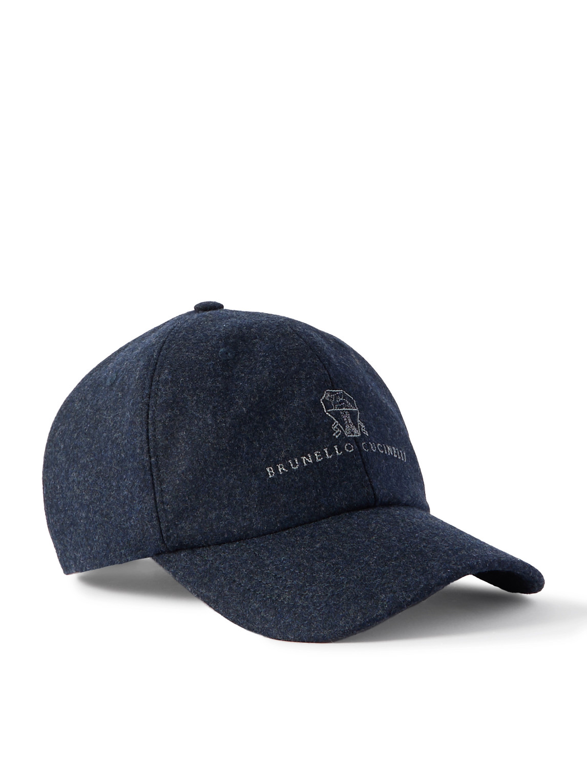 Brunello Cucinelli - Logo-Embroidered Leather-Trimmed Wool-Flannel Baseball Cap - Men - Blue - M von Brunello Cucinelli