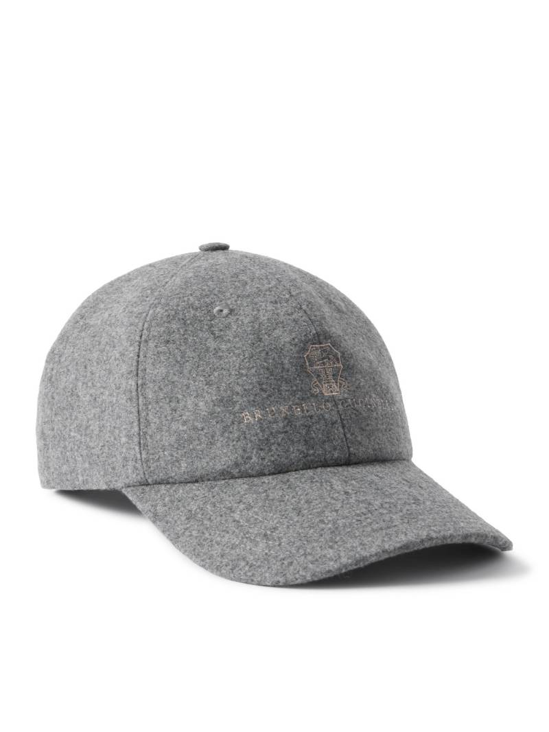 Brunello Cucinelli - Logo-Embroidered Leather-Trimmed Wool-Flannel Baseball Cap - Men - Gray - M von Brunello Cucinelli