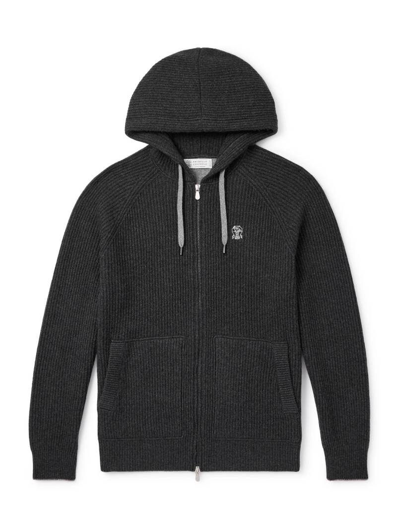 Brunello Cucinelli - Logo-Embroidered Ribbed Cashmere Zip-Up Hoodie - Men - Gray - XXXL von Brunello Cucinelli
