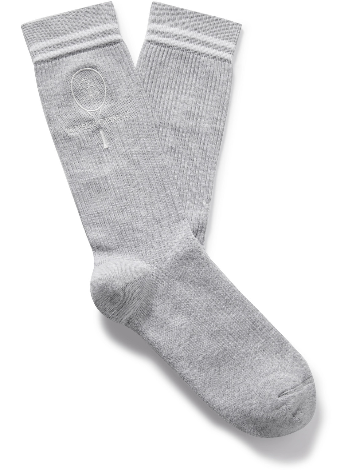 Brunello Cucinelli - Logo-Embroidered Striped Ribbed Cotton-Blend Socks - Men - Gray - M von Brunello Cucinelli