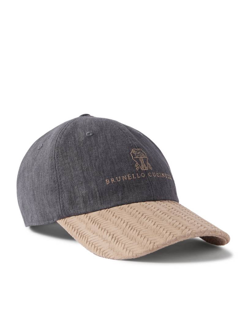 Brunello Cucinelli - Logo-Embroidered Suede-Trimmed Linen Baseball Cap - Men - Gray - L von Brunello Cucinelli