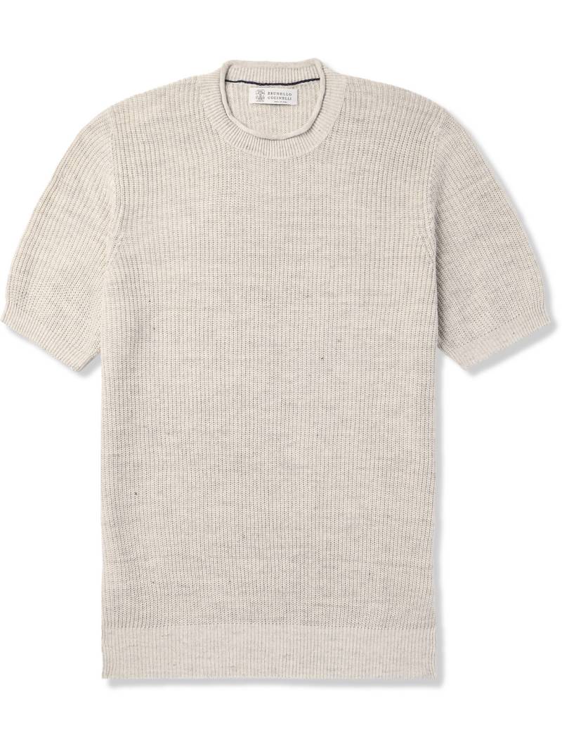 Brunello Cucinelli - Ribbed Linen and Cotton-Blend T-Shirt - Men - Neutrals - IT 60 von Brunello Cucinelli