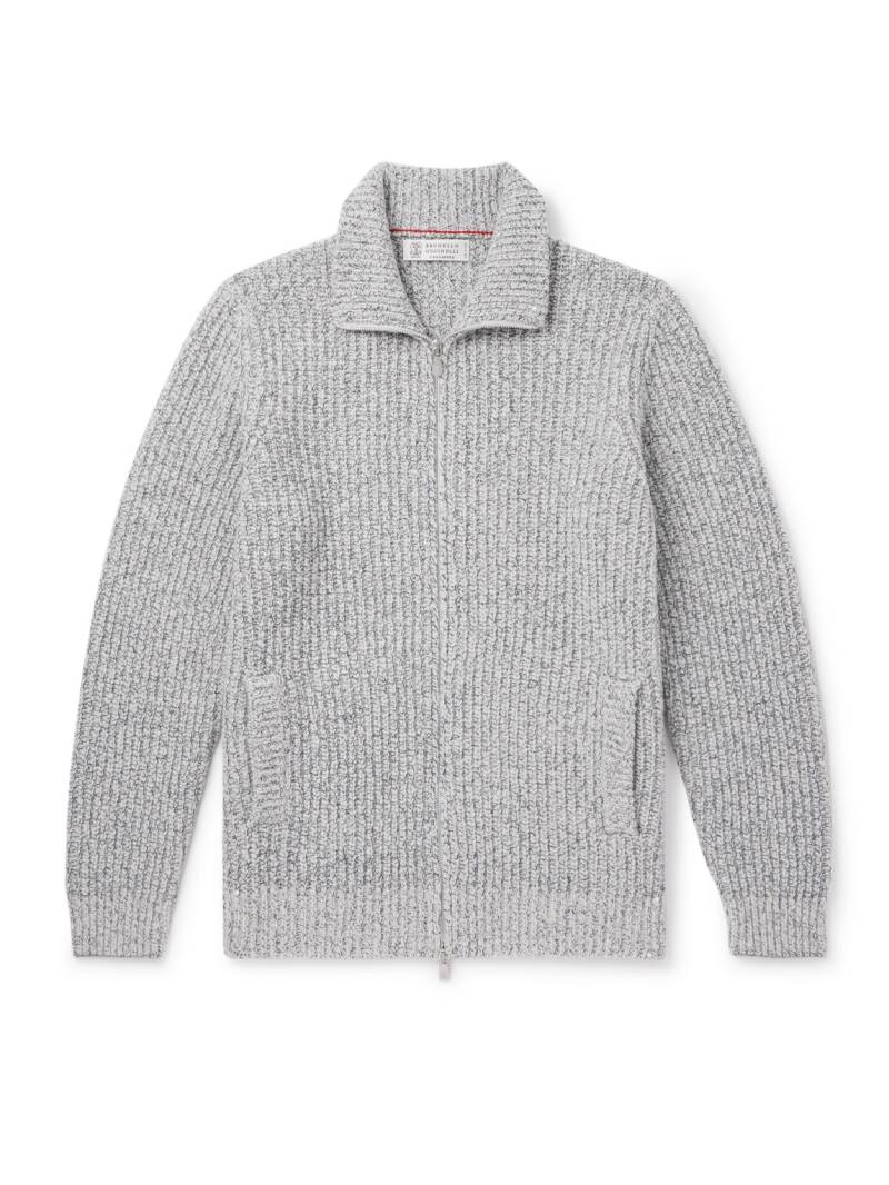 Brunello Cucinelli - Ribbed Wool, Silk and Cashmere-Blend Zip-Up Cardigan - Men - Neutrals - IT 56 von Brunello Cucinelli