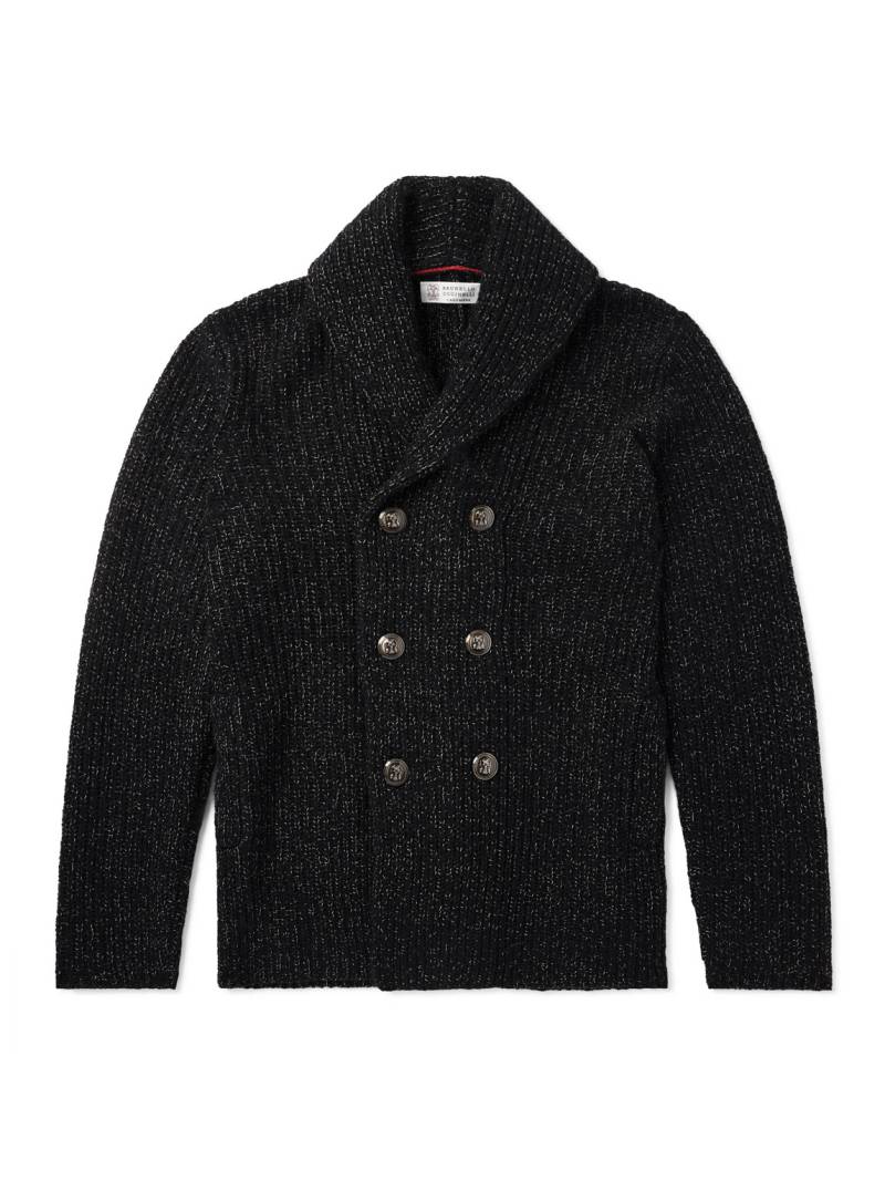 Brunello Cucinelli - Shawl-Collar Double-Breasted Ribbed Virgin Wool, Silk and Cashmere-Blend Cardigan - Men - Black - IT 56 von Brunello Cucinelli