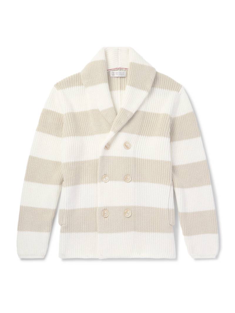 Brunello Cucinelli - Slim-Fit Double-Breasted Shawl-Collar Striped Cotton Cardigan - Men - Neutrals - IT 56 von Brunello Cucinelli