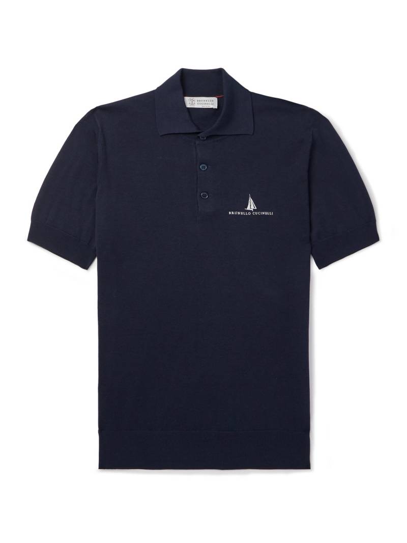 Brunello Cucinelli - Slim-Fit Logo-Embroidered Silk and Cotton-Blend Polo Shirt - Men - Blue - IT 58 von Brunello Cucinelli