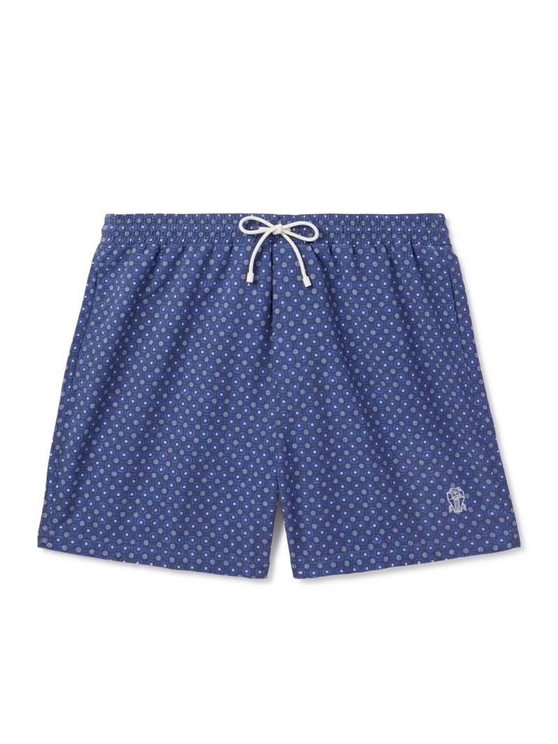 Brunello Cucinelli - Straight-Leg Mid-Length Logo-Embroidered Printed Swim Shorts - Men - Blue - XXL von Brunello Cucinelli