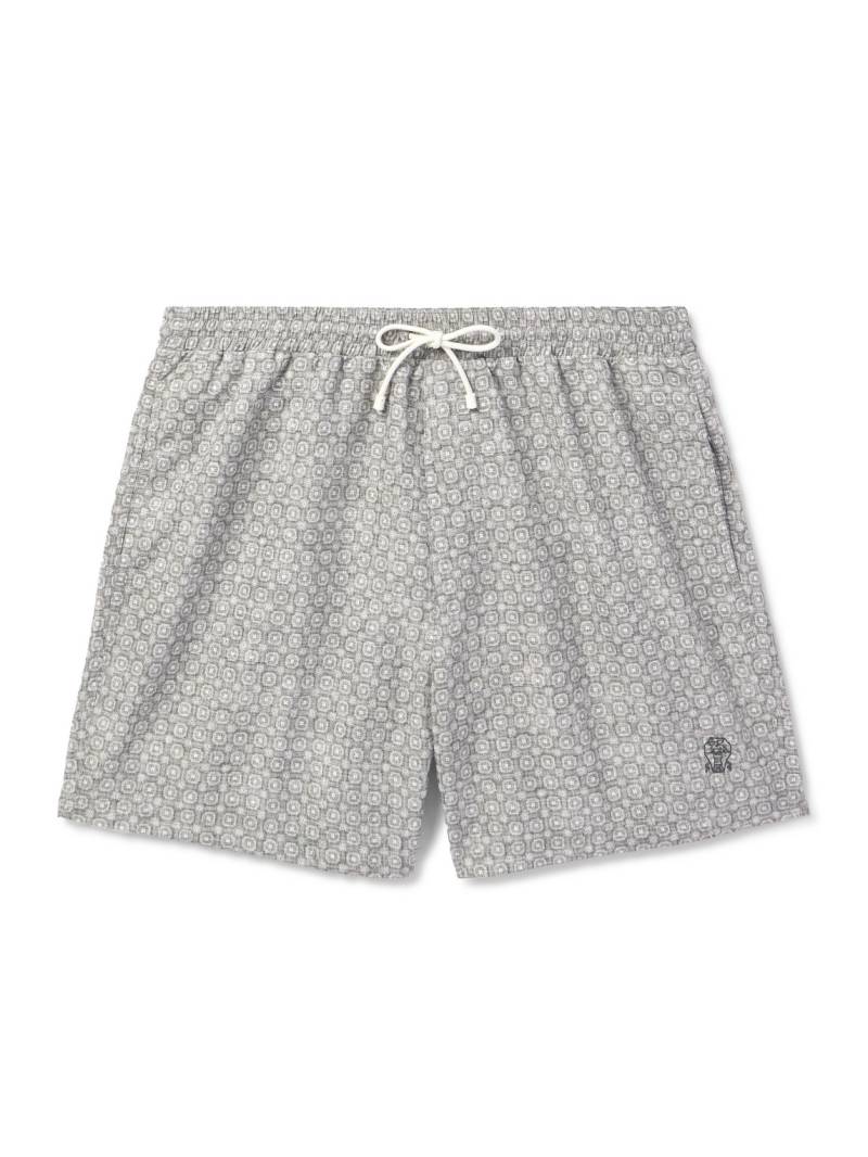 Brunello Cucinelli - Straight-Leg Mid-Length Logo-Embroidered Printed Swim Shorts - Men - Gray - L von Brunello Cucinelli
