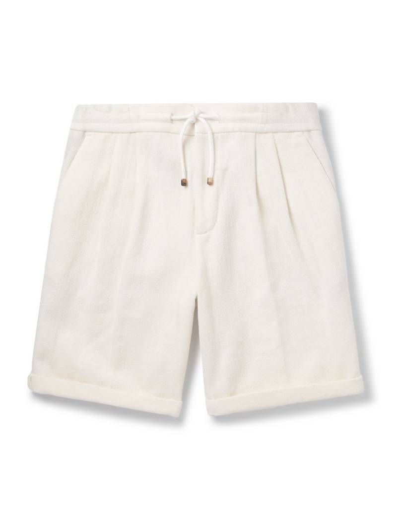 Brunello Cucinelli - Straight-Leg Pleated Herringbone Cotton and Linen-Blend Drawstring Bermuda Shorts - Men - White - IT 48 von Brunello Cucinelli