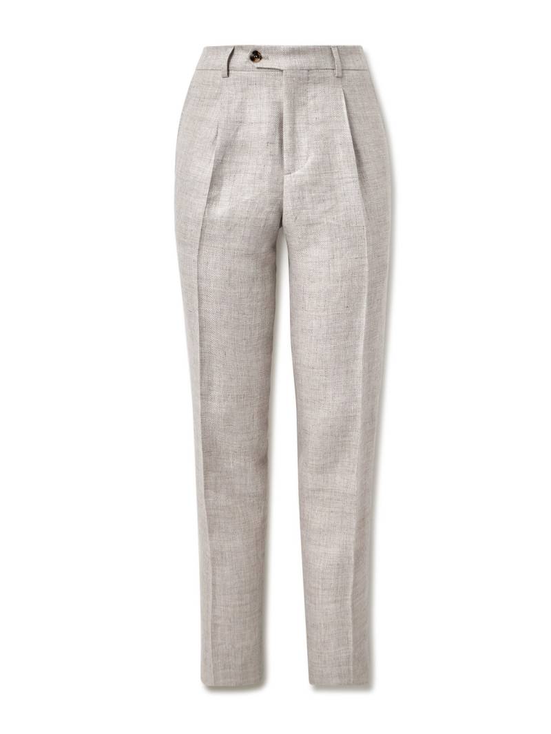 Brunello Cucinelli - Straight-Leg Pleated Linen, Wool and Silk-Blend Suit Trousers - Men - Gray - IT 52 von Brunello Cucinelli