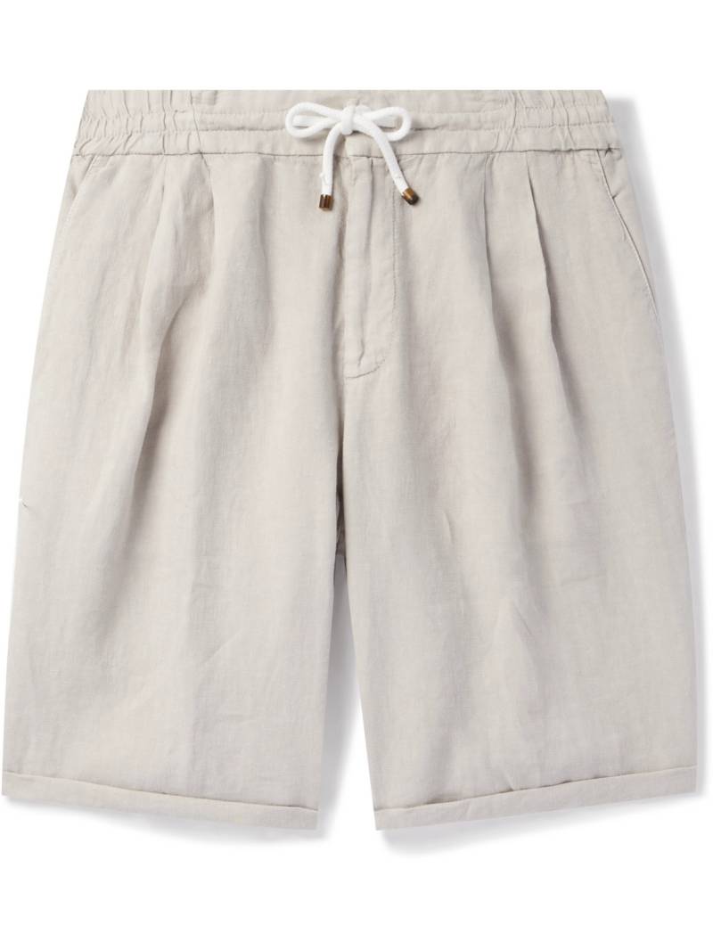 Brunello Cucinelli - Straight-Leg Pleated Linen Drawstring Bermuda Shorts - Men - Neutrals - IT 54 von Brunello Cucinelli