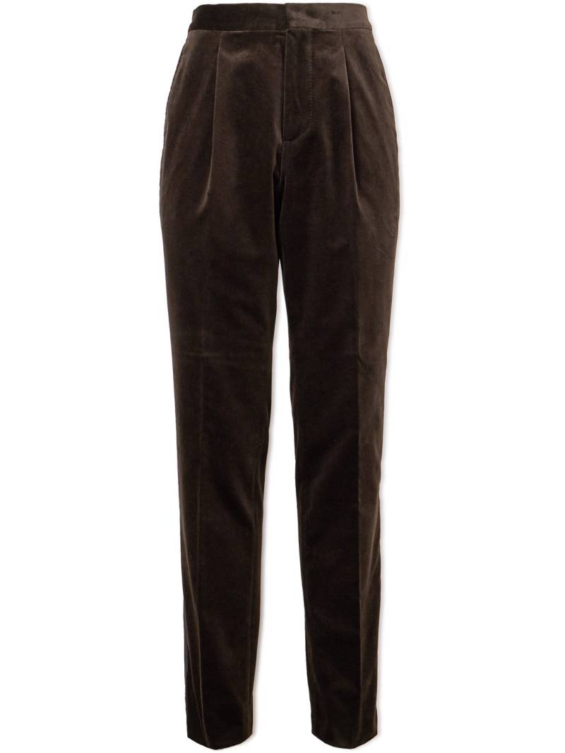 Brunello Cucinelli - Straight-Leg Pleated Satin-Trimmed Cotton-Velvet Tuxedo Trousers - Men - Brown - IT 54 von Brunello Cucinelli