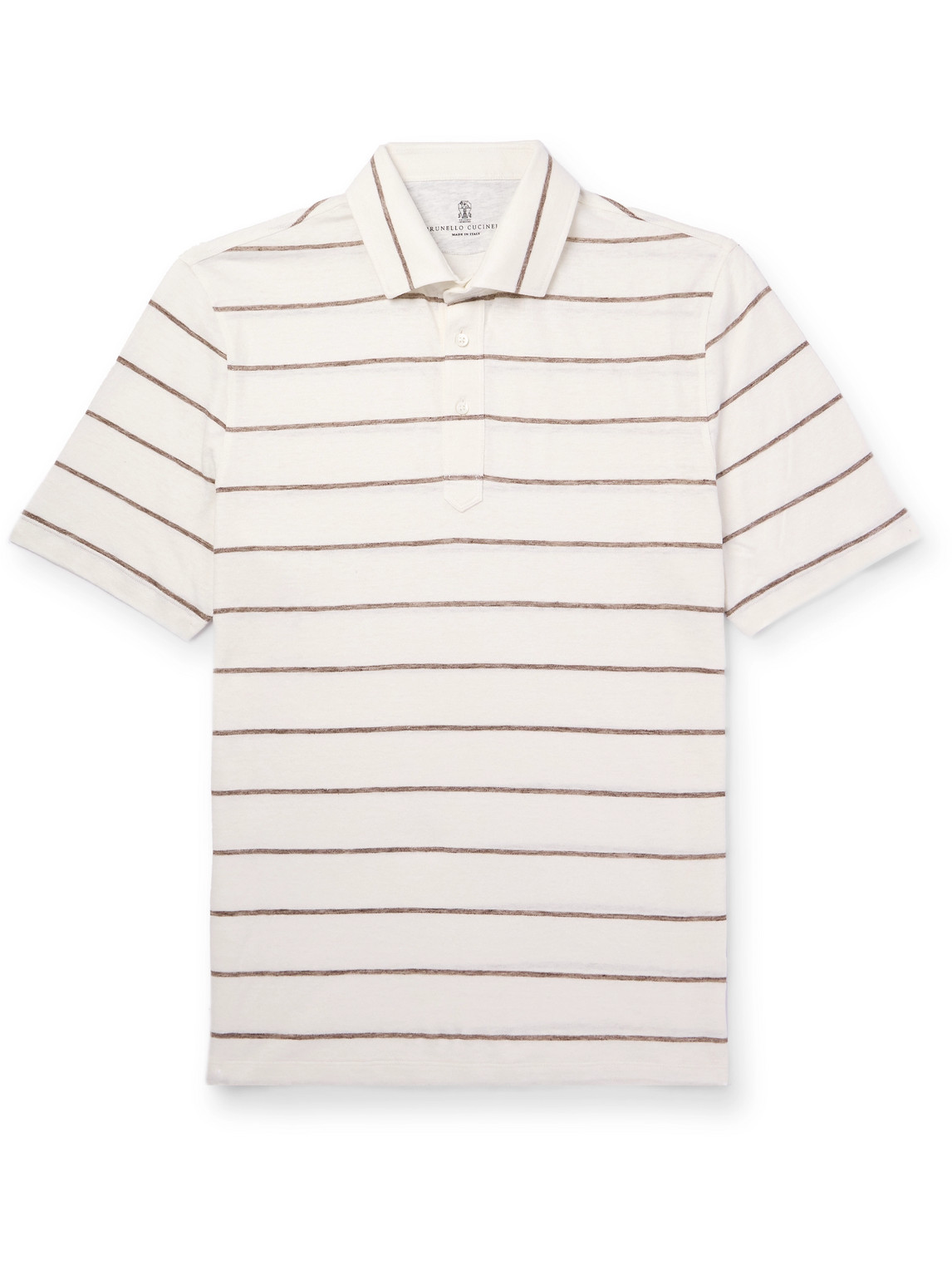 Brunello Cucinelli - Striped Linen and Cotton-Blend Polo Shirt - Men - White - XS von Brunello Cucinelli