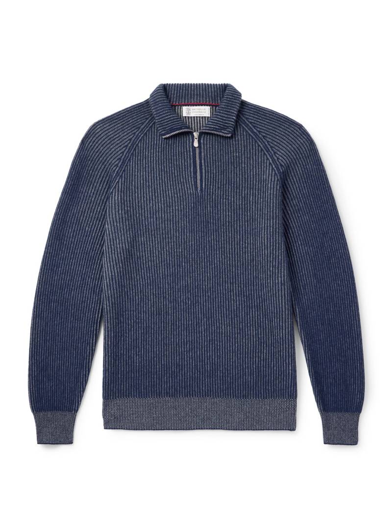 Brunello Cucinelli - Striped Ribbed Cashmere Half-Zip Sweater - Men - Blue - IT 52 von Brunello Cucinelli