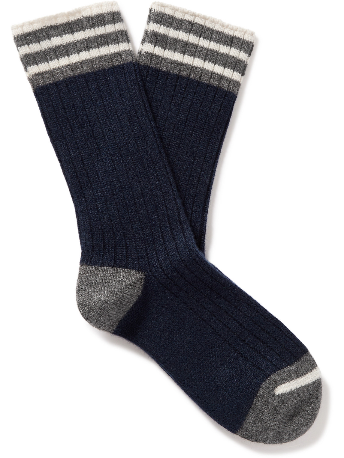 Brunello Cucinelli - Striped Ribbed Cashmere Socks - Men - Blue - L von Brunello Cucinelli