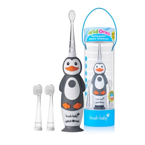 Brush-Baby WildOnes Kinder Elektrische Wiederaufladbare Zahnbürste,1 Griff, 3 Bürstenköpfe, USB-Ladekabel, für Alter 0-10 (Pengiun) von Brush-Baby