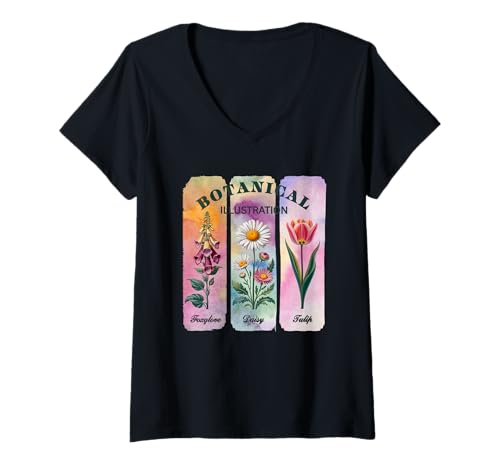 Damen Foxglove Daisy Tulip Wildflower Gartenpinsel im Strichstil T-Shirt mit V-Ausschnitt Damen Foxglove Daisy Tulip Wildflower Gartenpinsel im Strichstil T-Shirt mit V-Ausschnitt von Brushstroke Bloom Design