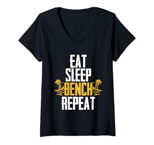 Damen Brusttraining Bodybuilder Eat Sleep Bench T-Shirt mit V-Ausschnitt Damen Brusttraining Bodybuilder Eat Sleep Bench T-Shirt mit V-Ausschnitt von Brust-Workout Bodybuilder Fitnessstudio-Instruktor