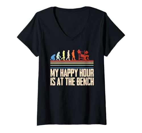 Damen Brusttraining Bodybuilder Happy Hour at The Bench T-Shirt mit V-Ausschnitt Damen Brusttraining Bodybuilder Happy Hour at The Bench T-Shirt mit V-Ausschnitt von Brust-Workout Bodybuilder Fitnessstudio-Instruktor