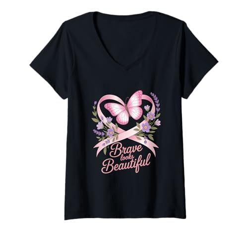 Damen Brave Looks Beautiful Brustkrebs Bewusstsein Rosa Schleife T-Shirt mit V-Ausschnitt von Brustkrebs Bewusstseinsmonat Geschenke Frauen