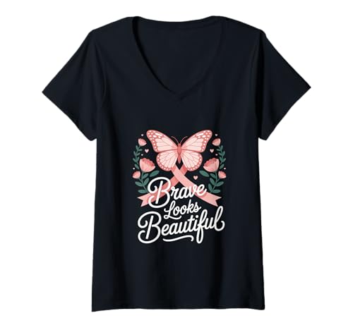 Damen Brustkrebs Bewusstsein Brave Looks Beautiful Rosa Schleife T-Shirt mit V-Ausschnitt von Brustkrebs Bewusstseinsmonat Geschenke Frauen