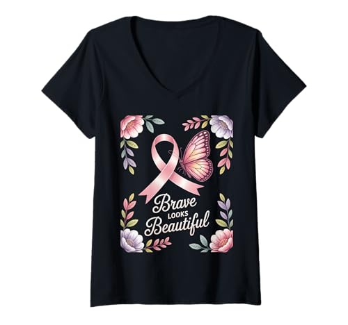 Damen Brustkrebs Bewusstsein Brave Looks Beautiful T-Shirt mit V-Ausschnitt von Brustkrebs Bewusstseinsmonat Geschenke Frauen