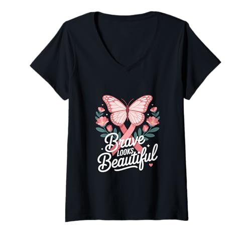 Damen Brustkrebs Bewusstsein Brave Looks Beautiful T-Shirt mit V-Ausschnitt von Brustkrebs Bewusstseinsmonat Geschenke Frauen