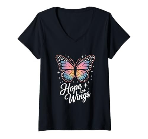 Damen Brustkrebs Bewusstsein Hope Has Wings Schmetterling T-Shirt mit V-Ausschnitt von Brustkrebs Bewusstseinsmonat Geschenke Frauen