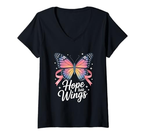 Damen Brustkrebs Bewusstsein Hope Has Wings Schmetterling T-Shirt mit V-Ausschnitt von Brustkrebs Bewusstseinsmonat Geschenke Frauen