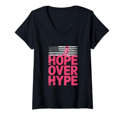 Damen Brustkrebs Bewusstsein Hope Over Hype Schleife T-Shirt mit V-Ausschnitt von Brustkrebs Bewusstseinsmonat Geschenke Frauen