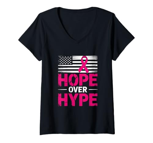 Damen Brustkrebs Bewusstsein Hope Over Hype Schleife T-Shirt mit V-Ausschnitt von Brustkrebs Bewusstseinsmonat Geschenke Frauen