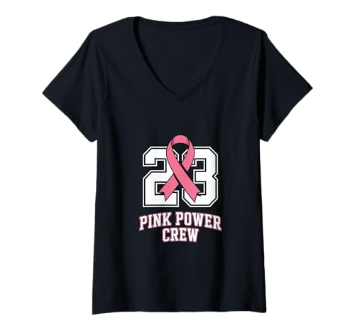 Damen Brustkrebs Bewusstsein Pink Power Crew 23 T-Shirt mit V-Ausschnitt von Brustkrebs Bewusstseinsmonat Geschenke Frauen