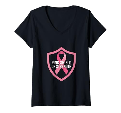 Damen Brustkrebs Bewusstsein Pink Shield of Strength T-Shirt mit V-Ausschnitt von Brustkrebs Bewusstseinsmonat Geschenke Frauen