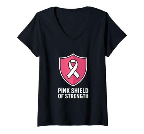 Damen Brustkrebs Bewusstsein Pink Shield of Strength T-Shirt mit V-Ausschnitt von Brustkrebs Bewusstseinsmonat Geschenke Frauen
