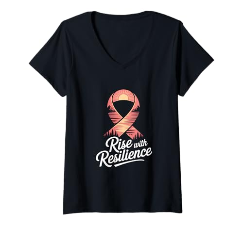 Damen Brustkrebs Bewusstsein Rise with Resilience T-Shirt mit V-Ausschnitt von Brustkrebs Bewusstseinsmonat Geschenke Frauen