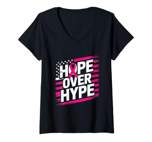 Damen Hoffnung Statt Hype Brustkrebs Bewusstsein Schleife T-Shirt mit V-Ausschnitt von Brustkrebs Bewusstseinsmonat Geschenke Frauen