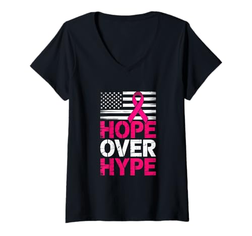 Damen Hope Over Hype Brustkrebs Bewusstsein Pinke Schleife T-Shirt mit V-Ausschnitt von Brustkrebs Bewusstseinsmonat Geschenke Frauen