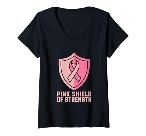 Damen Pink Shield of Strength Brustkrebs Schleife Schild T-Shirt mit V-Ausschnitt von Brustkrebs Bewusstseinsmonat Geschenke Frauen