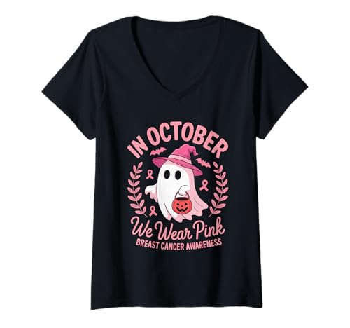 Damen Brustkrebs Halloween Im Oktober tragen wir rosa Design T-Shirt mit V-Ausschnitt Damen Brustkrebs Halloween Im Oktober tragen wir rosa Design T-Shirt mit V-Ausschnitt von Brustkrebs Halloween -Design