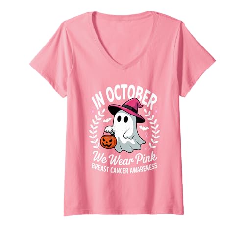 Damen Im Oktober tragen wir rosa Brustkrebs Halloween T-Shirt mit V-Ausschnitt Damen Im Oktober tragen wir rosa Brustkrebs Halloween T-Shirt mit V-Ausschnitt von Brustkrebs Halloween -Design