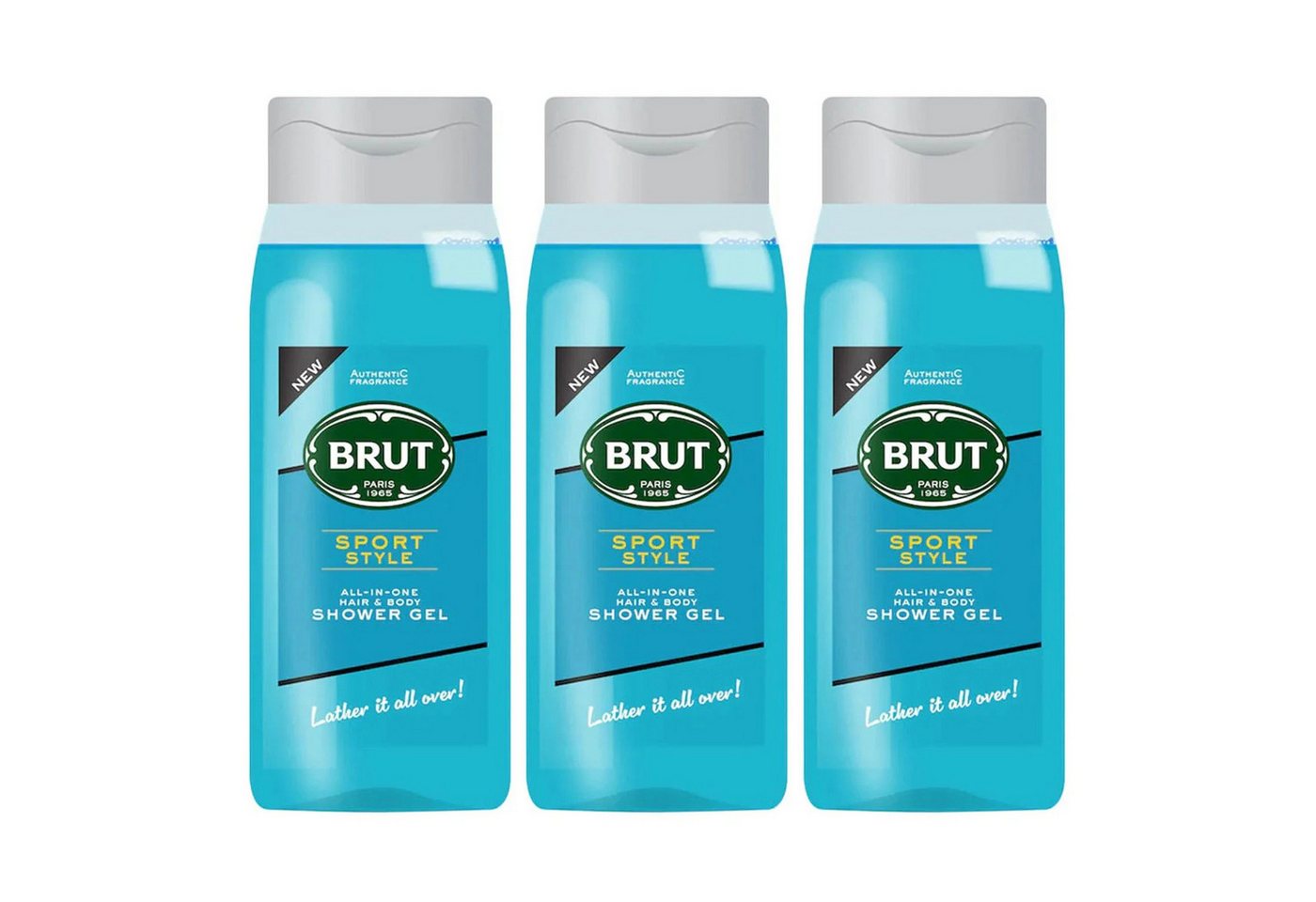 Brut Duschgel Sport Style All in One Hair & Body Showergel Shampoo 500ml, - 3er Pack von Brut