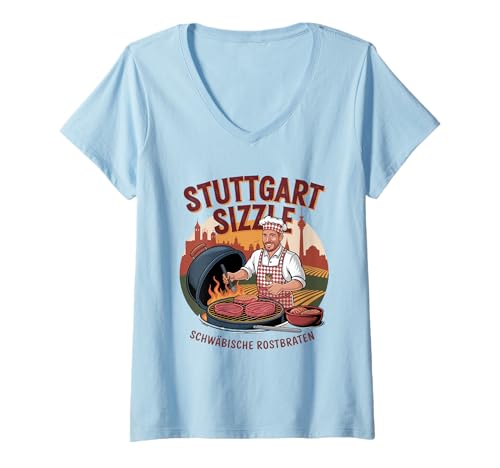Damen Stuttgart Sizzle Schwäbische Rostbraten BBQ Scene T-Shirt mit V-Ausschnitt von Brutzelnde Stuttgart BBQ Culinary Delight