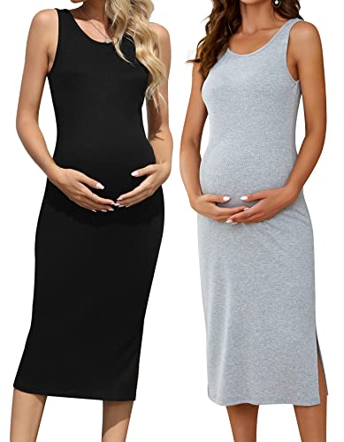 Brynmama 2 Pack Tank Umstandskleid Casual Ärmellos Seite Split Schwangerschaft Langes Kleid, Schwarz/Grau, S von Brynmama