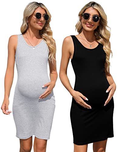 Brynmama 2 Stück Damen Umstands-Tankkleider Casual Ärmellos Bodycon Schwangerschaft Kurzes Kleid, Schwarz/Grau, L von Brynmama